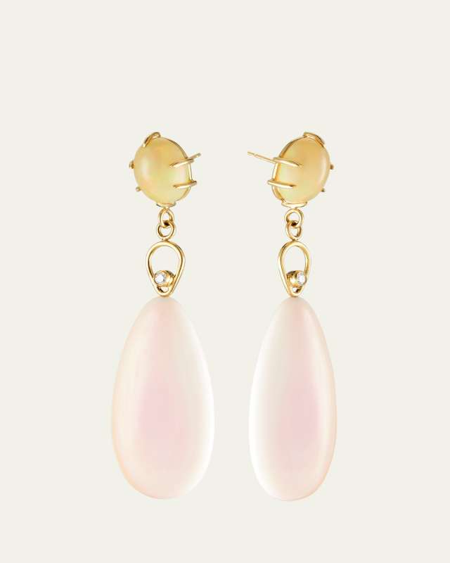 Ethiopian Opal, Diamond, & Pink Conch Drop Earrings in 18K Yellow Gold